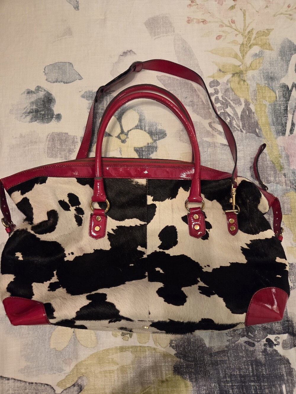 CAVALCANTI Black White Calfβ Hair Cow Print Red Italian Leather X-Large Tote Bag - Picture 15 of 16